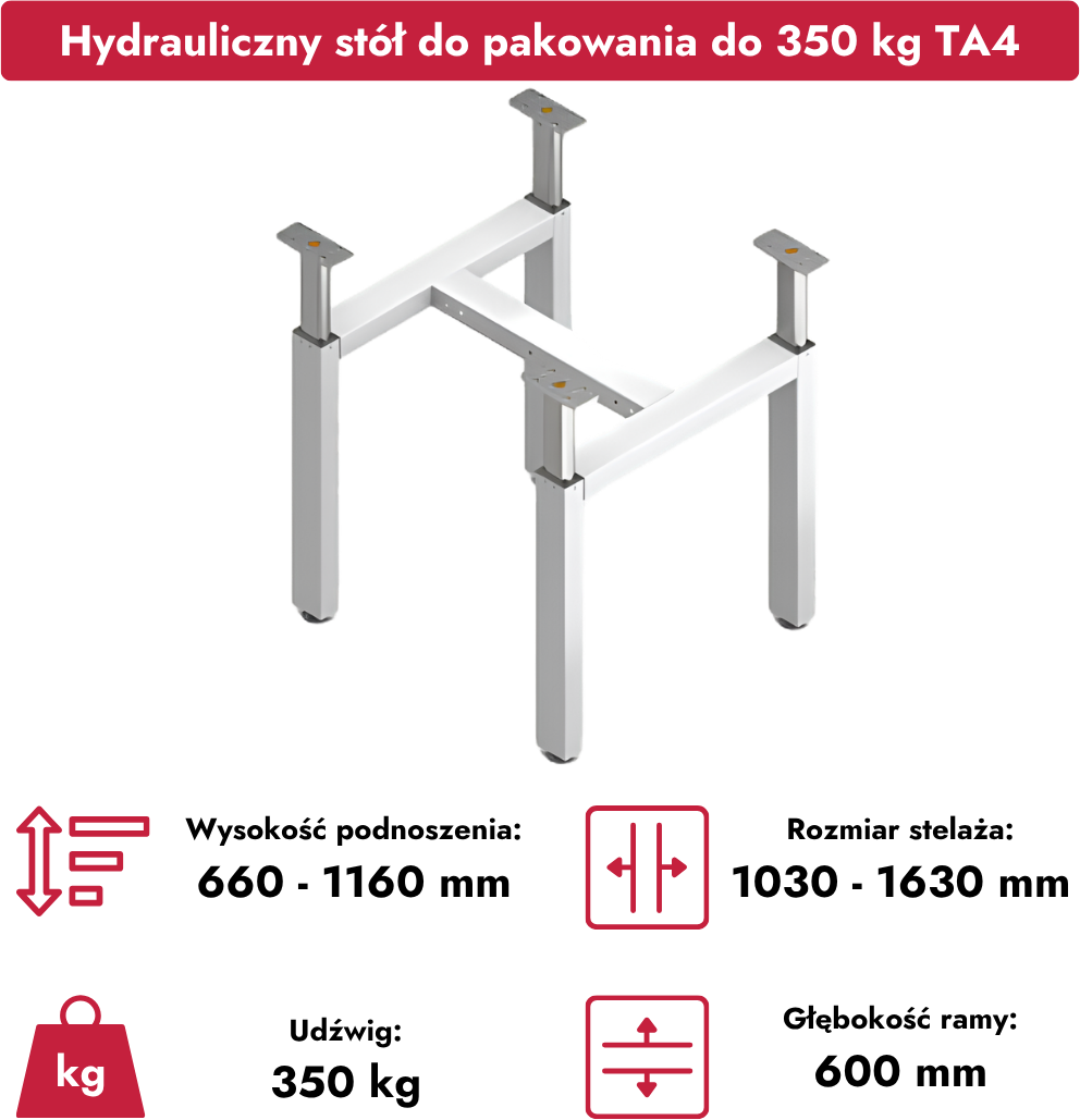 Hydrauliczny stół do pakowania i prac warsztatowych na ramie TA4, z imadłami i tablicą narzędziową